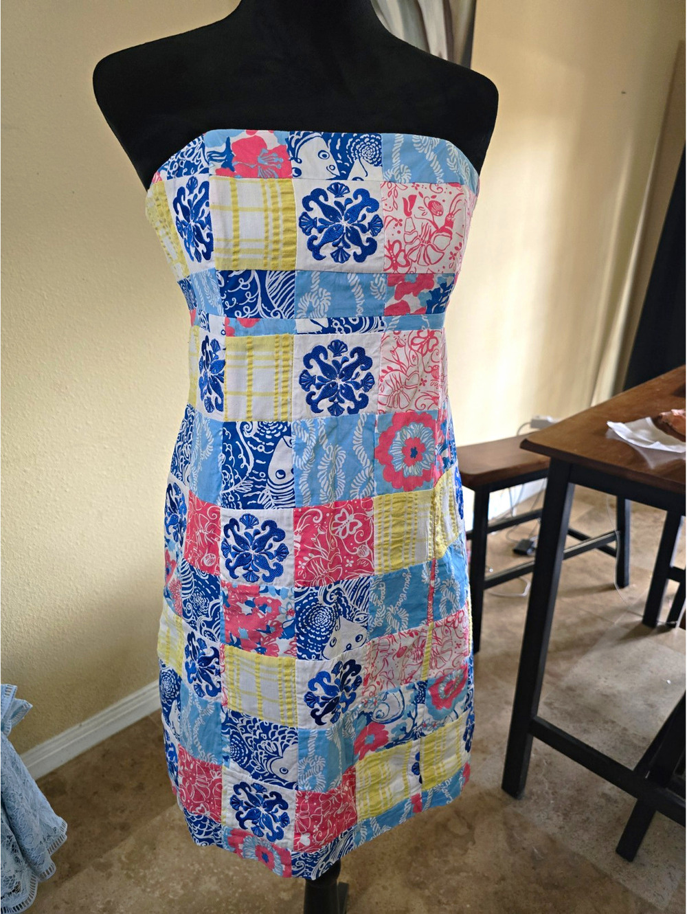 Lilly Pulitzer Patchwork Strapless Mini Dress Blue Pink Yellow Size 4 Patchwork